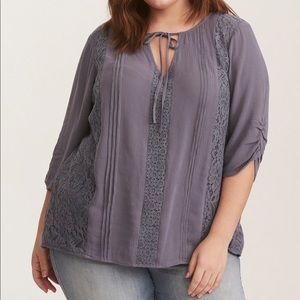 Grey Gauze Lace Inset Tie Front Blouse